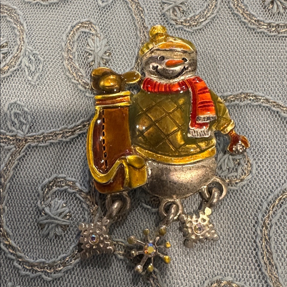 Vintage Silver Tone Snowman Golf Caddy Dangle Snowflake Pin Brooch AJMC Jewelry